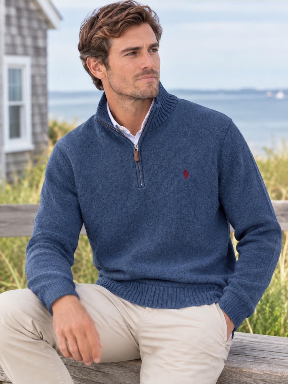 Ralph Lauren Blue Quarter-Zip Sweater with Red Pony